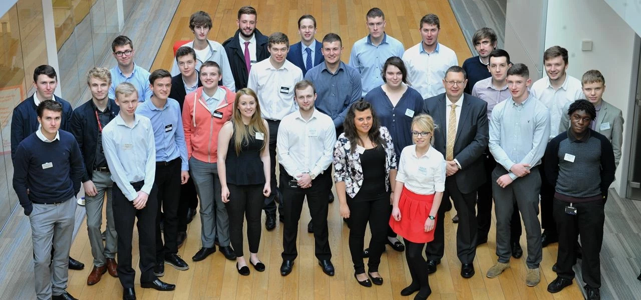 Some of Arup’s apprentices, including those from Leeds College of Building, with Arup’s Chairman Ala