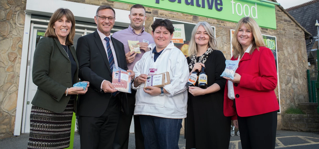 L-R: Kate Jones, Head of Local Sourcing at the Coop, Craig Whittaker, MP for Calder Valley, Gavin We