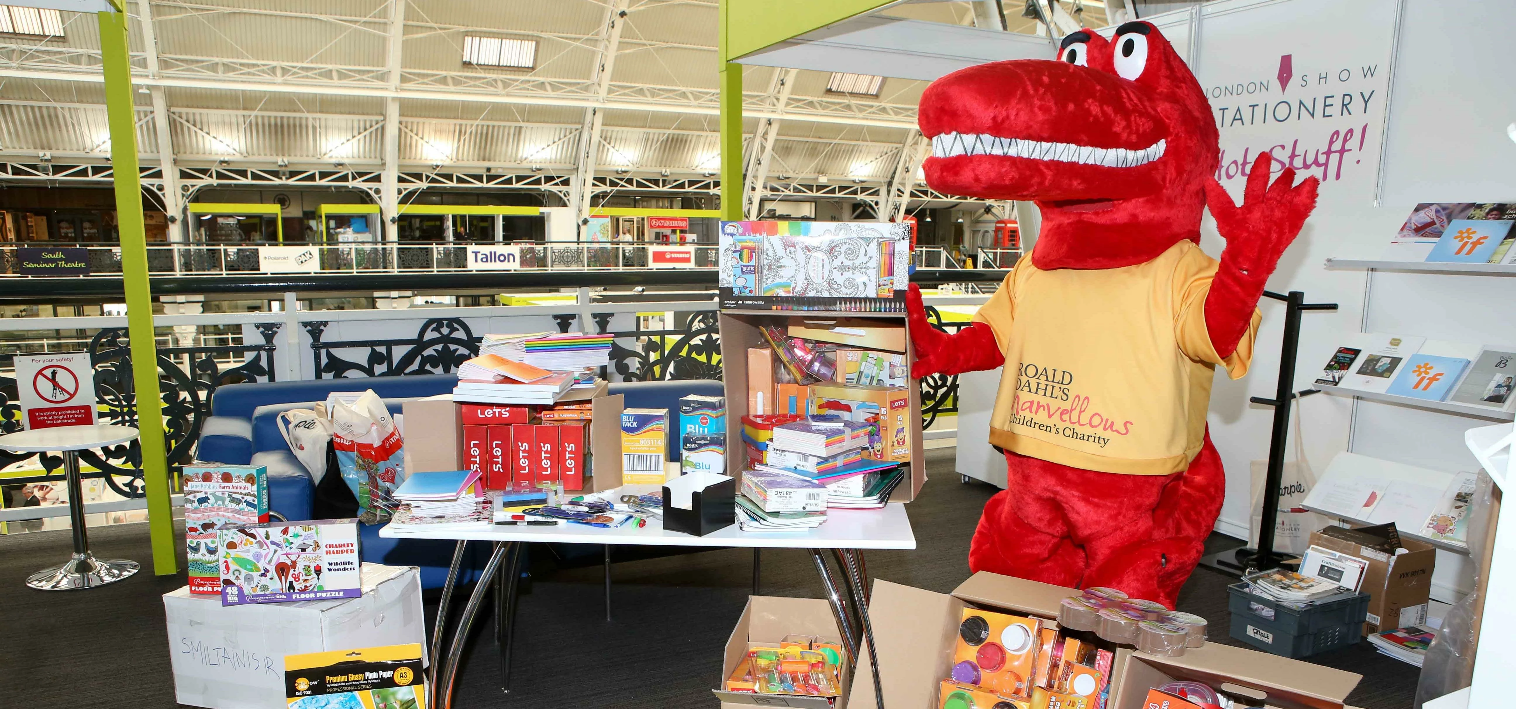 Marvin the mascot with the donated stationery 