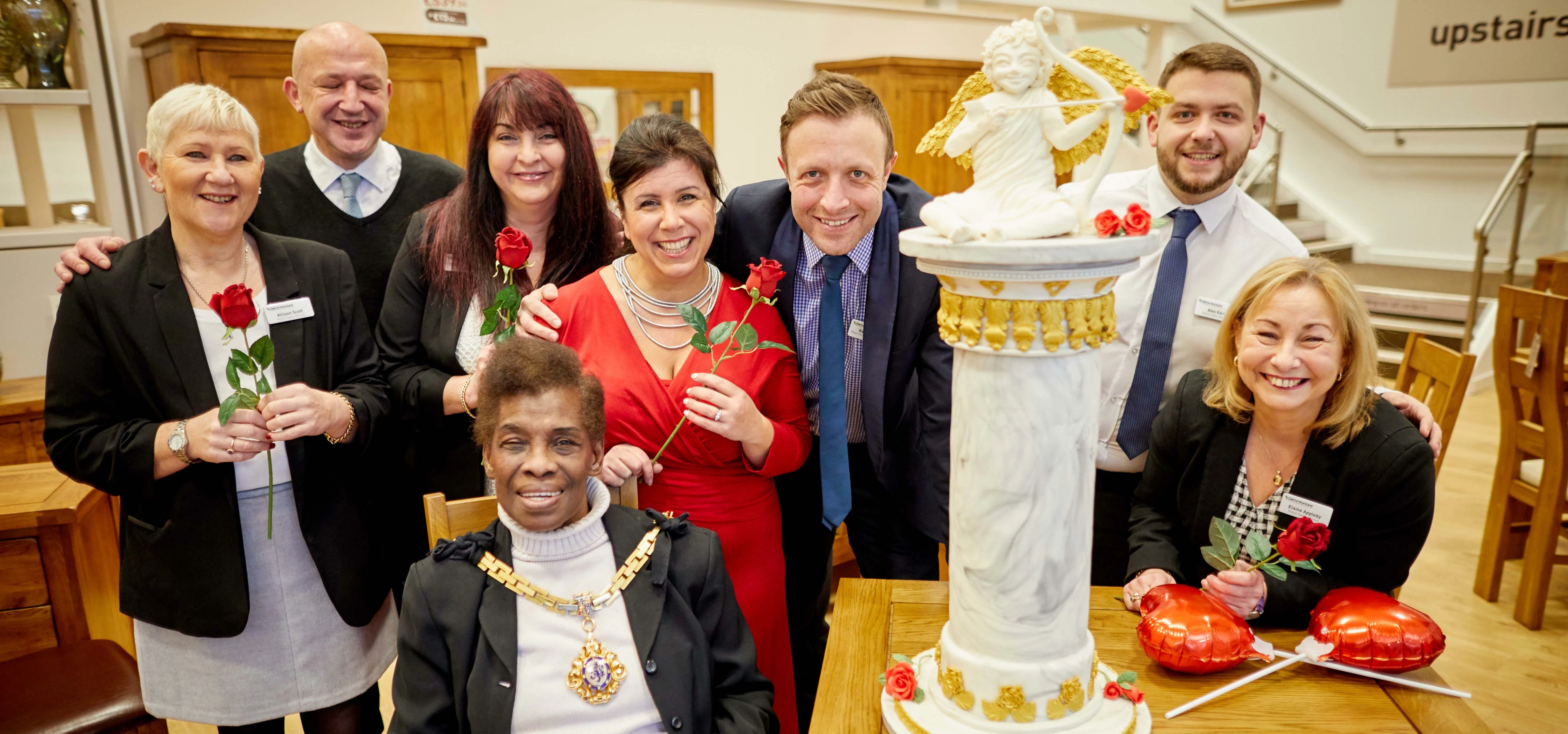 Centre - Kevin Leach - store manager with Rose Dummer (in red) - Cake Artist and the Mayor of Maccle