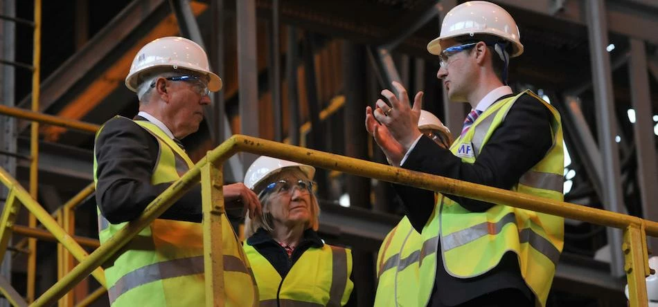 Alan Johnson MP and Cllr Sue Jeffrey on a tour of the steelmaking facility at MPI, with CEO, Chris M