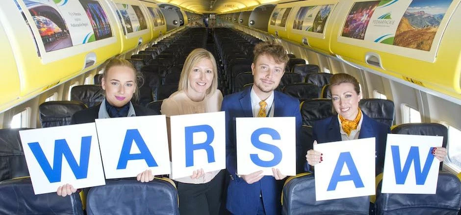 Ryanair and LBA staff celebrate the start of the new routes available to Warsaw, Vilnius, Bratislava