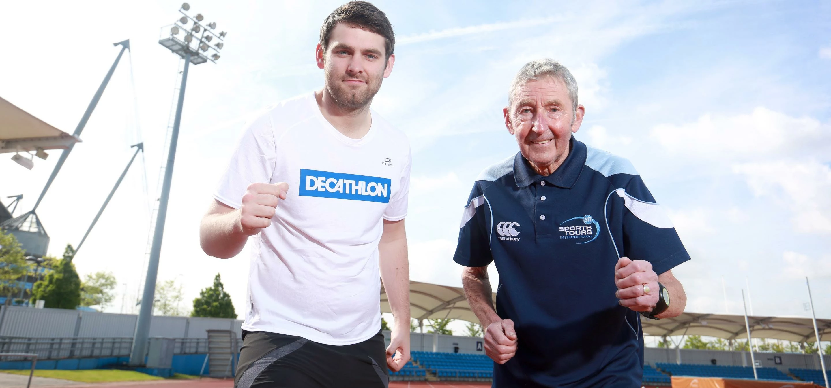 Photo shows Ron Hill MBE with Decathlon Department Manager Matt Smith at the Regional Athletics Trac