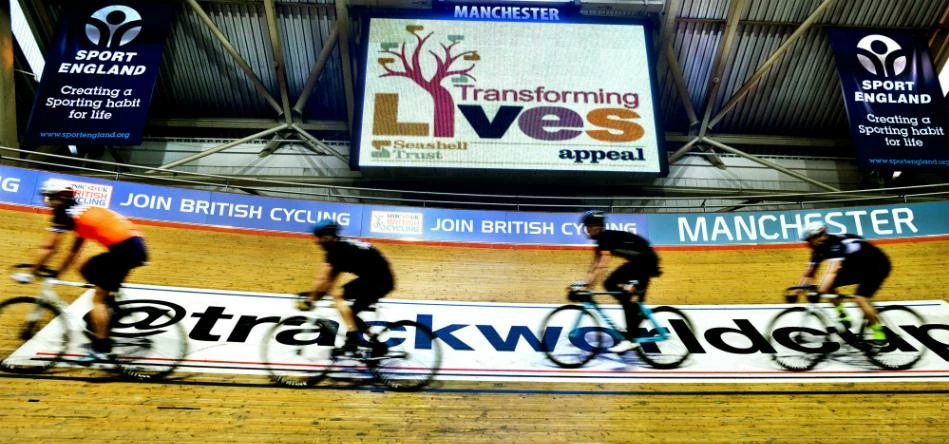 Seashell Trust's Battle of the Champions riders on the track at the HSBC National Cycling Centre, Ma