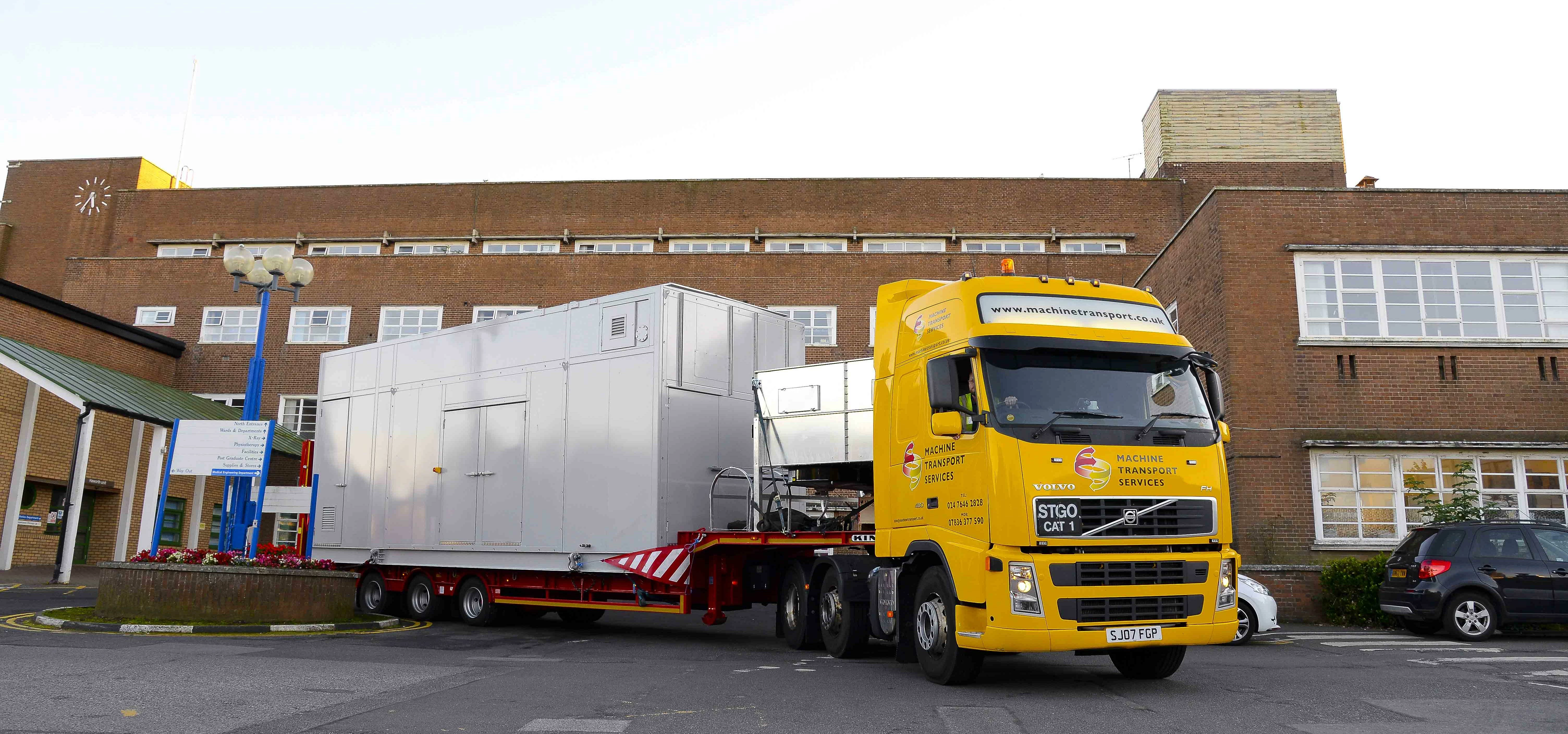 The 28-tonnes CHP Engine arriving at the hospital