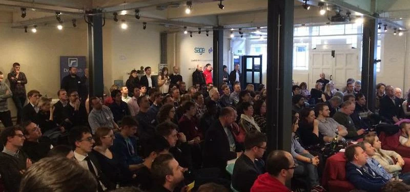 Entrepreneurs and tech sector workers watch a talk by Sage CEO, Stephen Kelly at Campus North