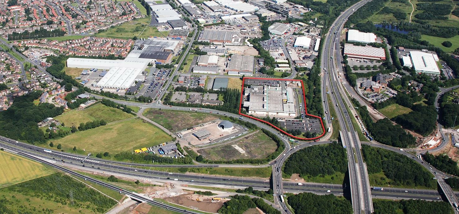 An aerial shot of Huyton Business Park, with the Aquila 120 site highlighted in red