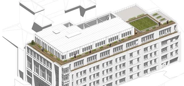 A visual of the new roof terrace, which includes a garden, at the Queen Street office development in