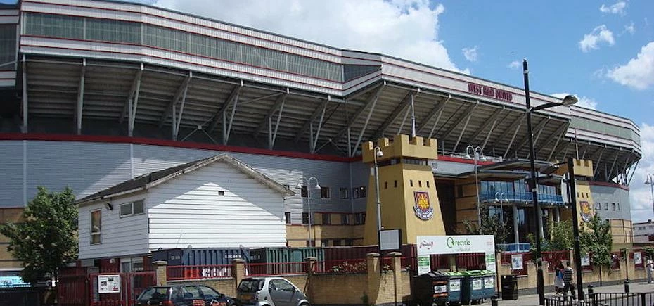 Main entrance and 'twin towers' of West Ham United's Dr Marten's stand, Boleyn Ground, Upton Park, L