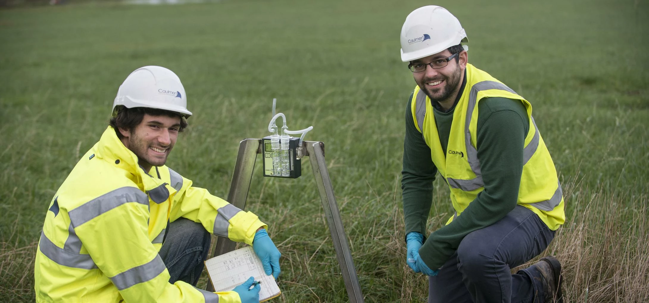 Environmental scientists Sean O’Brien and Giles Bushell carrying out salt testing at Wylfa Newydd.
