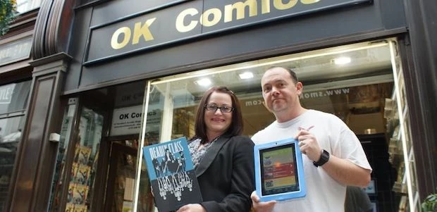 OK Comic’s owner Jared Myland with Elmtree Press’s Caron Davison at the well-known Leeds comic shop