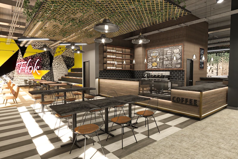 CGI render of Flok Cafe and coworking space