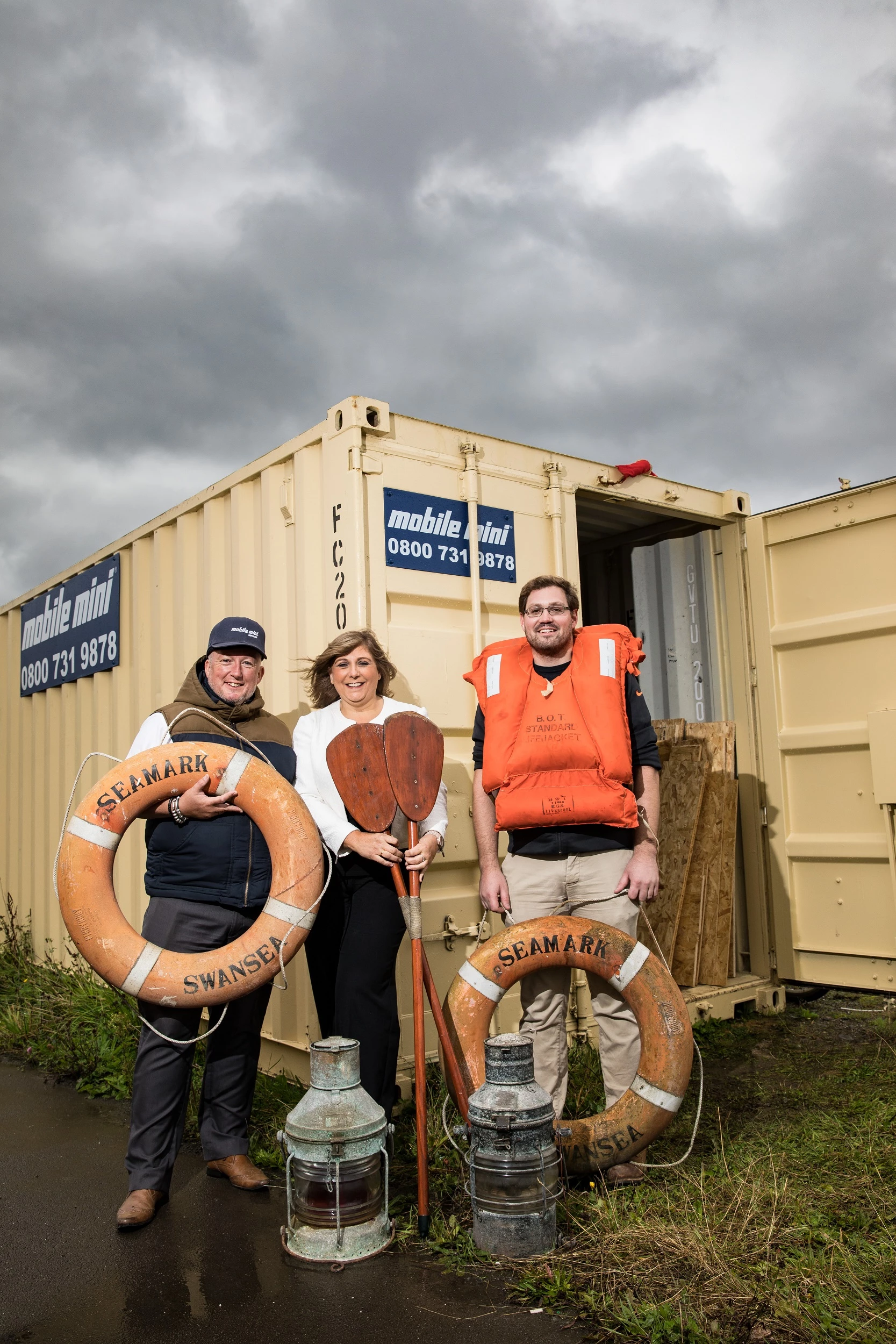 (L-R) Steve Twist, Mobile Mini Sales Executive; Jo Coates-Williams, Trustee of The Pilot Cutter Seamark Trust; Simon Forster, Chairman of The Pilot Cutter Seamark Trust.