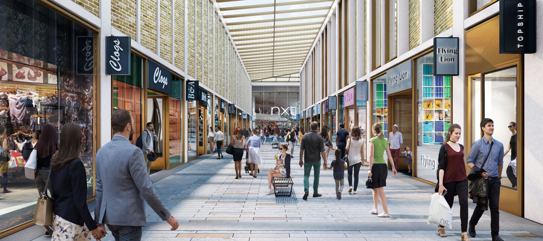 CGI of The Glass Works mall looking towards Next. 