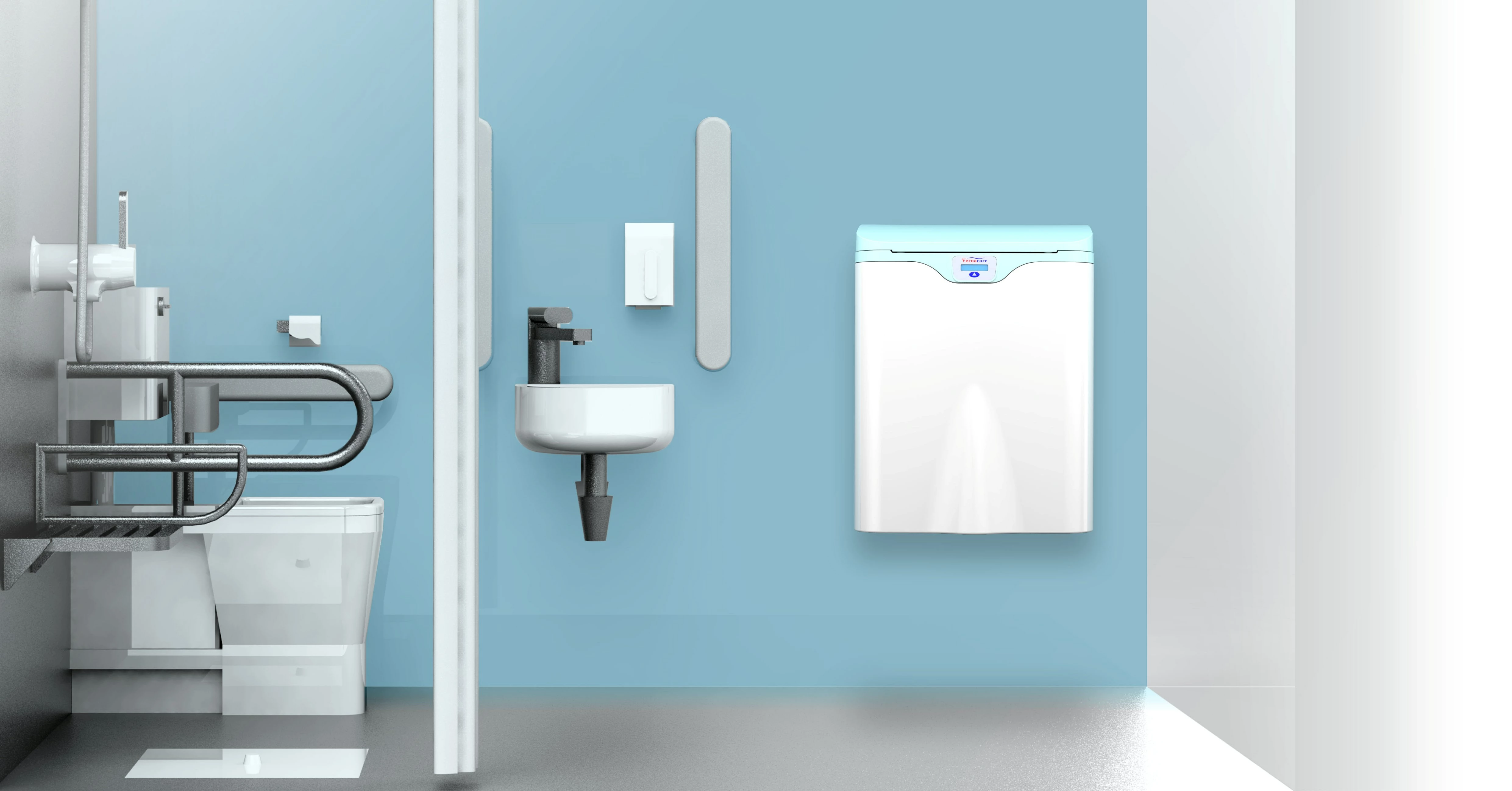 Illustration of new Vernacare Compact disposal unit in a patient bathroom 