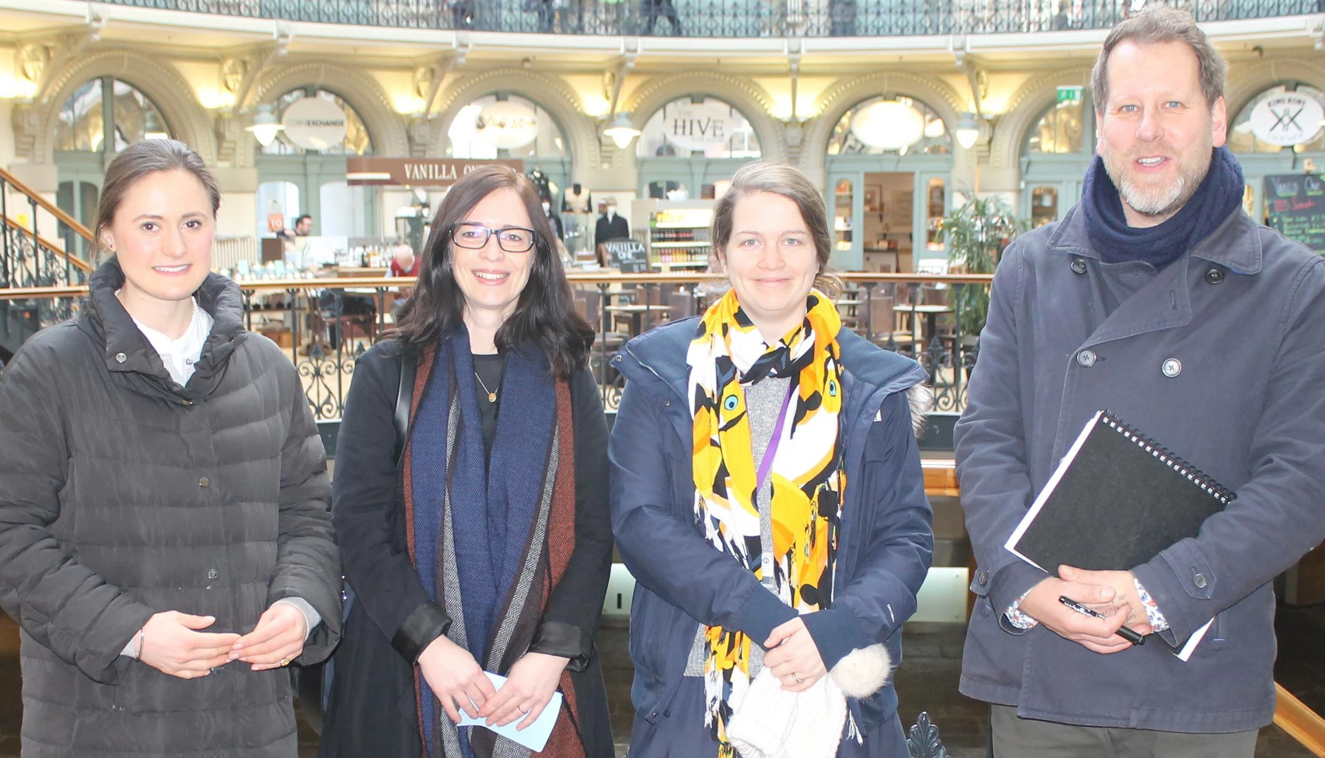 Georgina Maud from Rushbond, Kerry Harker, Dr Anne Schiffer and Robin Brinkworth from Leeds Beckett University celebrate the opening of the design competition exhibition at The Corn Exchange in Leeds. 