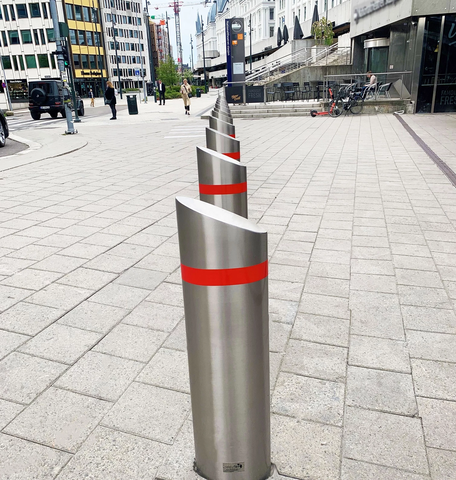 An installation of Truckstopper bollards, designed and manufactured by Safetyflex Barriers, in Norway.