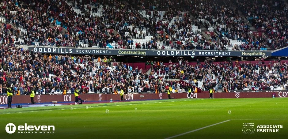 Goldmills Recruitment branding taking over the London Stadium during a West Ham United Premier League match