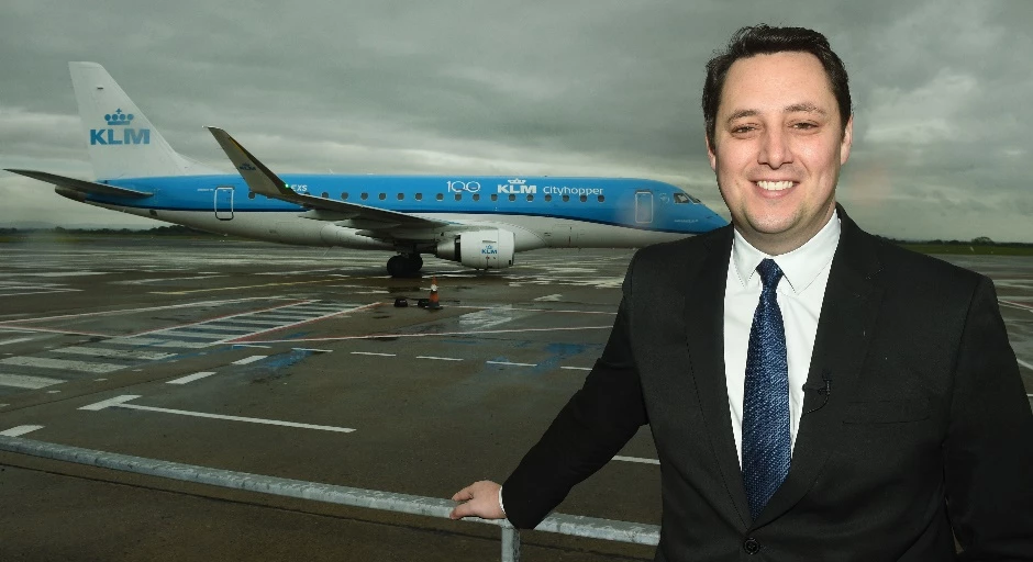 Tees Valley Mayor Ben Houchen with a KLM plane.