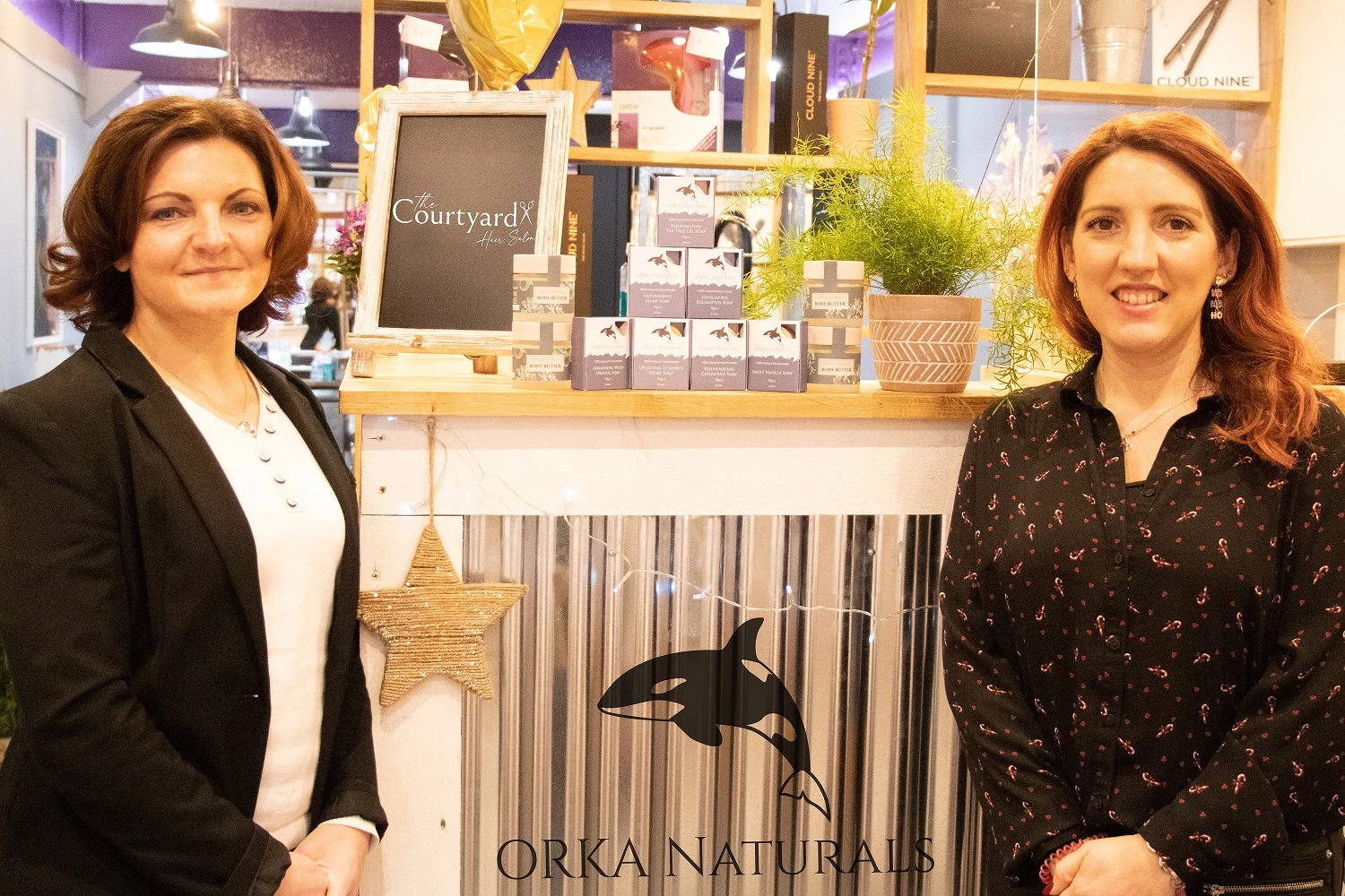 Kate Varvedo, owner of ORKA-Naturals, with Kirsty Cameron, owner of The Courtyard Salon, at the brand-new salon showcasing the skincare products on sale.