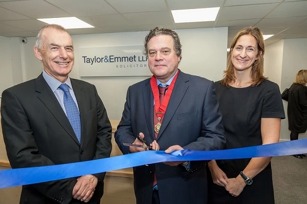 Cllr Richard Welton (centre) opens Taylor&Emmet's Dronfield office one year ago, with partners, John Outram and Sarah Gaunt. 