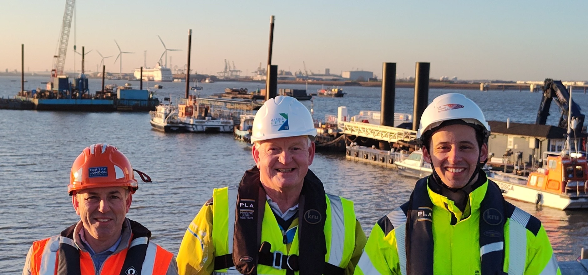 l-r Andrew Osbourne head of marine engineering at Port of London Authority Andy Hurley operations director at Marine Zero and Ben Turner innovation engineer at UK Power Networks, at Denton Wharf in Gravesend..jpg