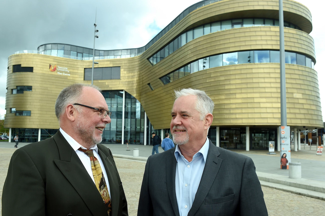 Professor Gary Montague (left), Teesside University’s lead for the project, with Malcolm Knott, managing director of ITS outside the university’s Curve building in Middlesbrough