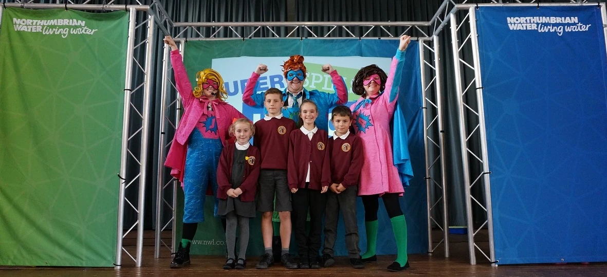 The Super Splash Heroes and Year 4 pupils from Fordley Primary School