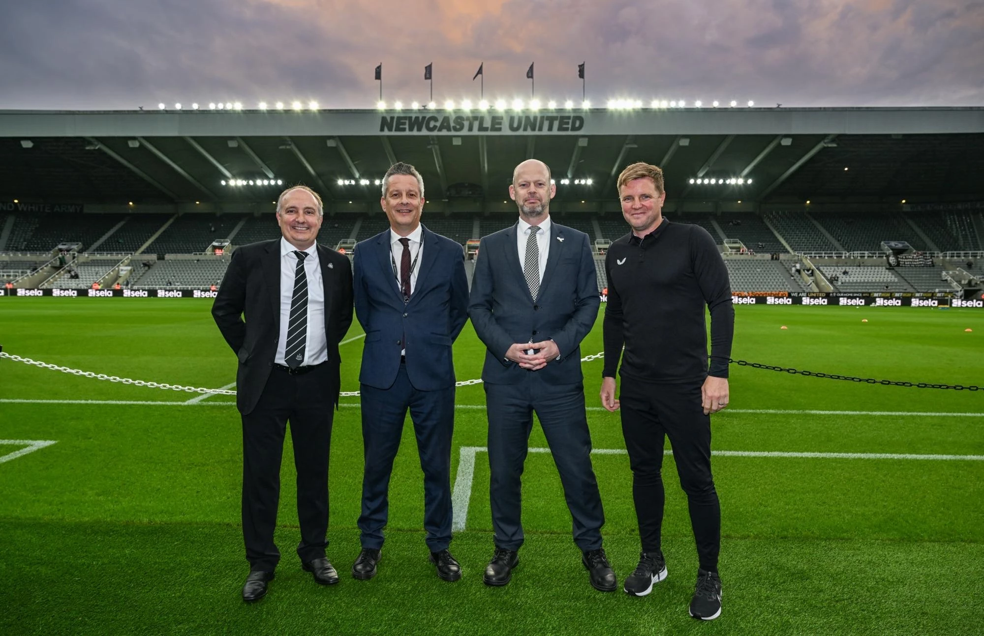 Newcastle United CEO Darren Eales, Leader of Newcastle City Council Cllr Nick Kemp, Mayor of North of Tyne Jamie Driscoll and Newcastle United manager Eddie Howe.