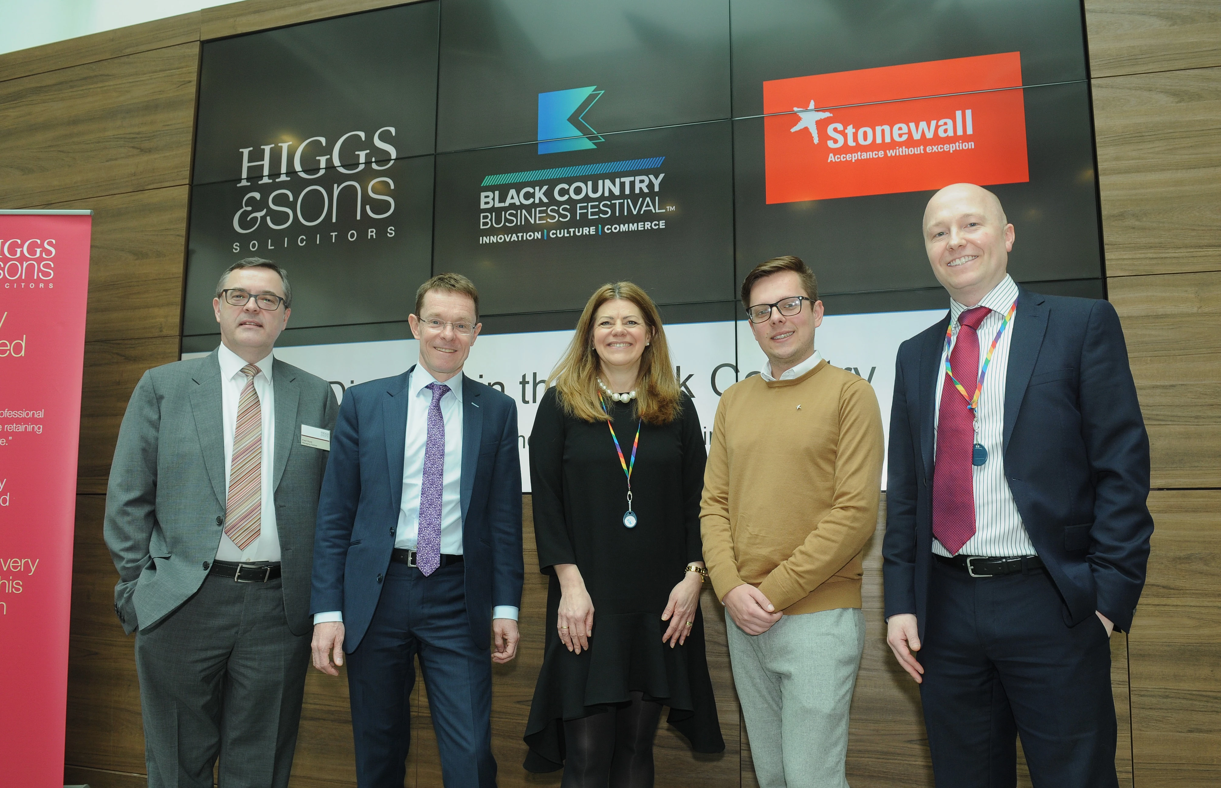 Paul Hunt, Managing Partner at Higgs & Sons; Andy Street, WMCA Mayor; Julia Lowe, Partner at Higgs; Reece Pope of Stonewall and Paul Barker, Partner at Higgs.
