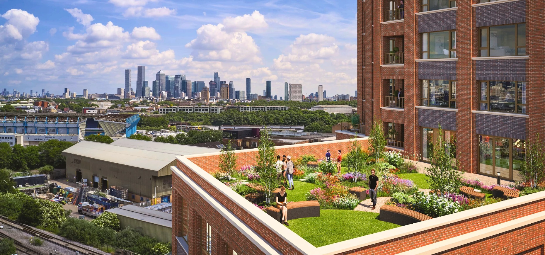 An exterior shot of the residents’ roof terrace and communal podium gardens at Bermondsey Heights.