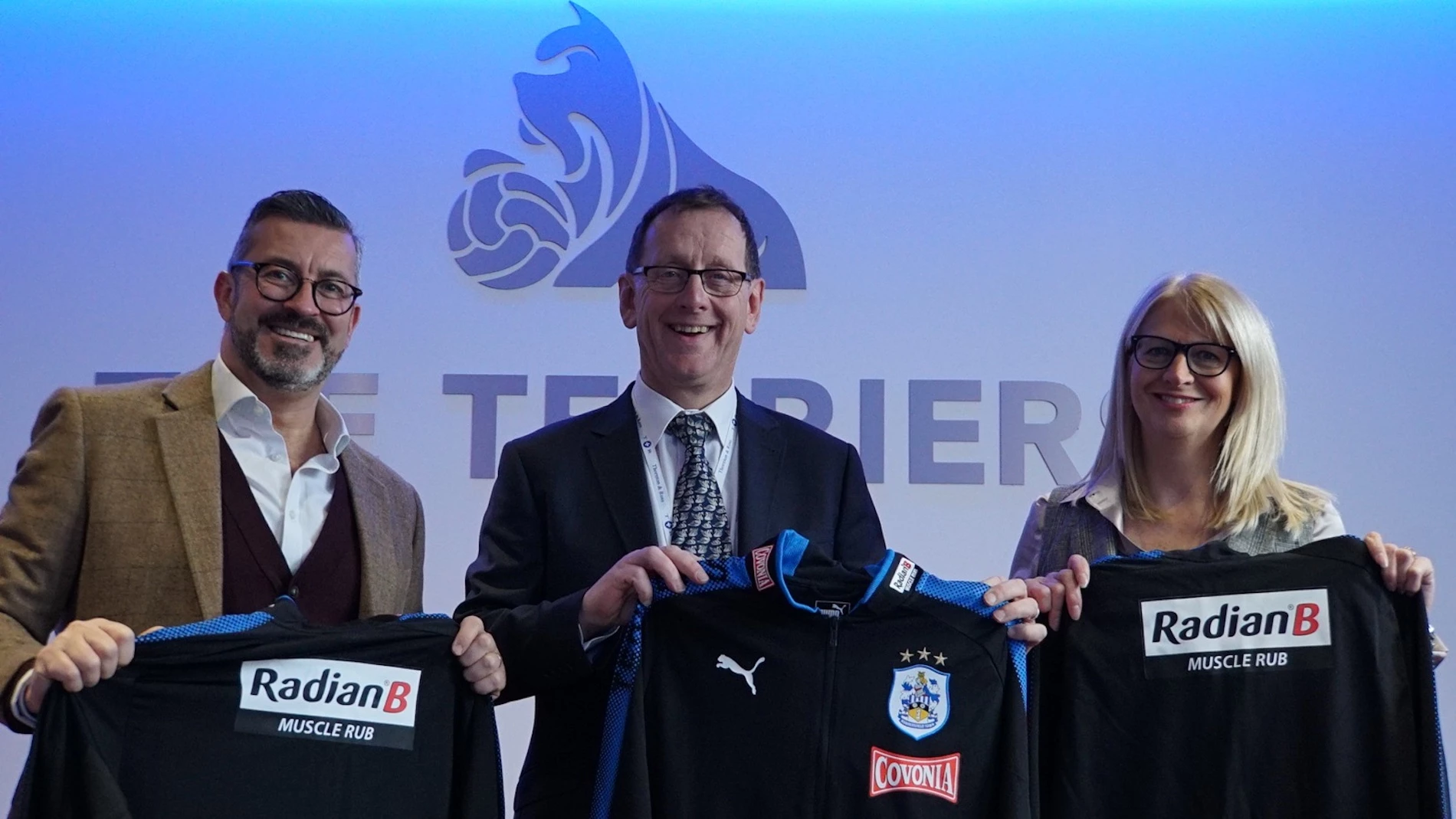  Huddersfield Town’s Commercial Director Sean Jarvis; Thornton + Ross’ Director of Consumer Marketing John Chamberlin; and Senior Commercial Manager Tracy Nelson.