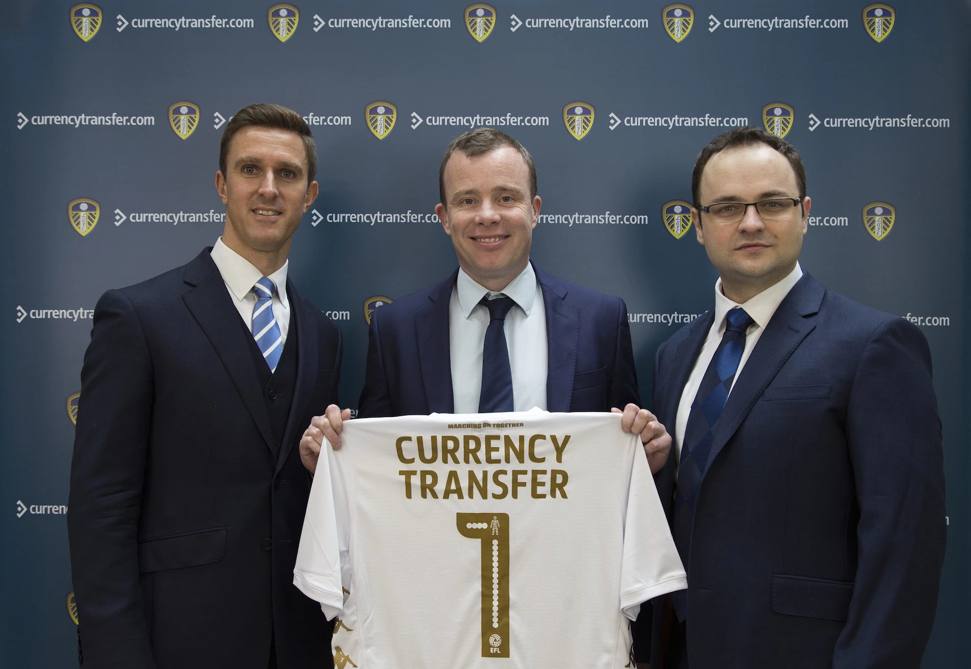 Paul Plewman, COO, CurrencyTransfer.com (left), Angus Kinnear, Managing Director, Leeds United (middle), Stevan Litobac, Co-Founder, CurrencyTransfer.com (right).