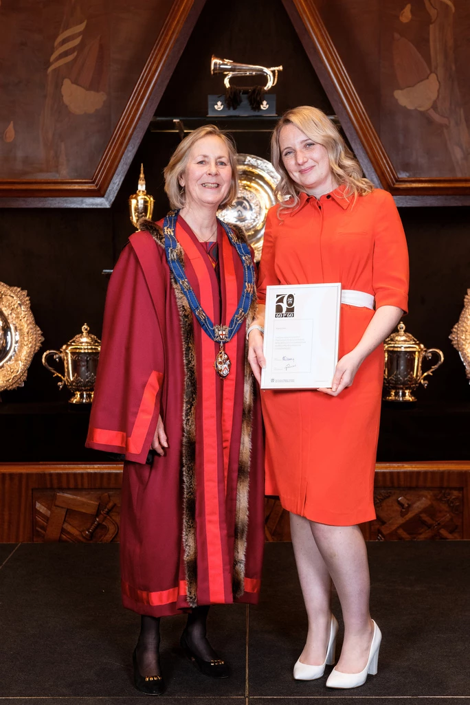 Amanda Waring, Master of the Furniture Makers’ Company, with one of the winners of the Furniture Makers’ Company’s ‘60 for 60’ in the West Midlands, Kathryn Hall