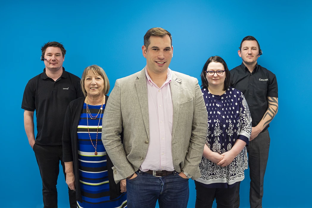 (Left to right) Service Engineer Craig Goldsbrough, Office Manager Catherine Embleton, Managing Director Kevin Embleton, Service & Admin Co-ordinator Katie Bird and Implementation Lead Ian Hindmarch