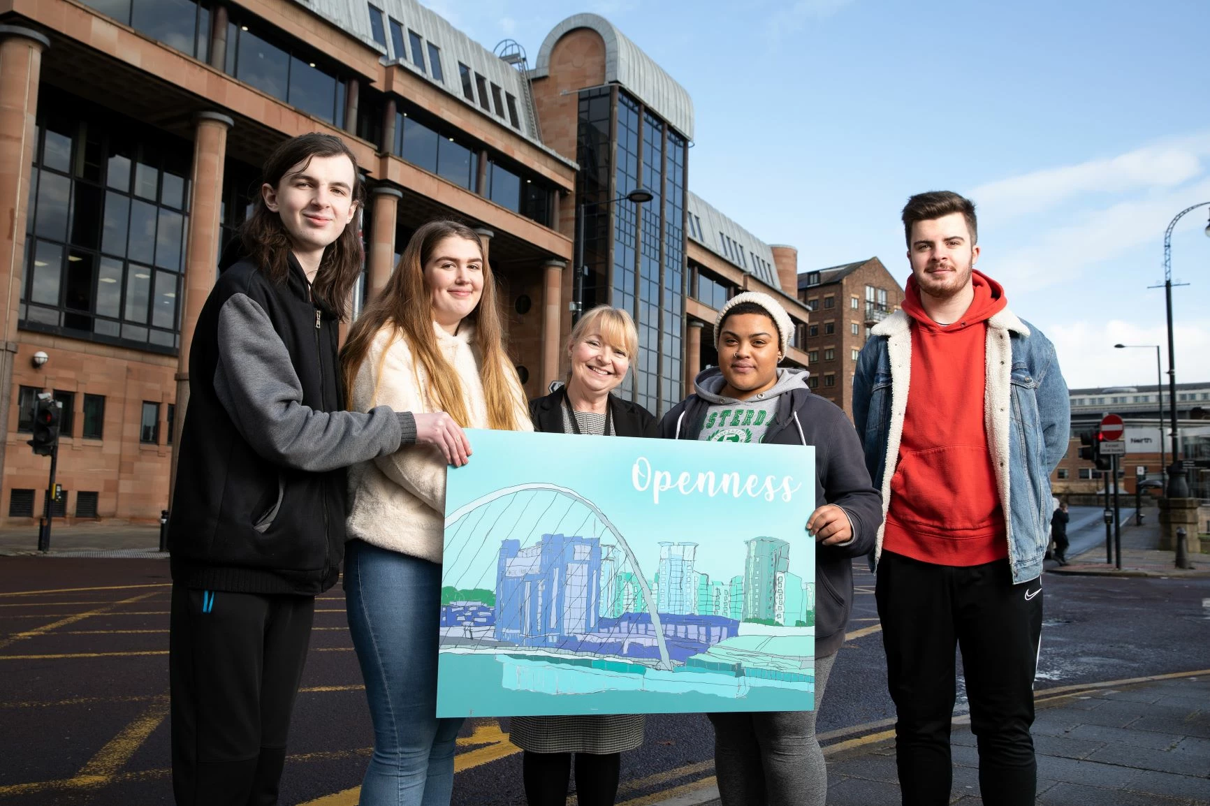 Gateshead College students with the mural that's on the walls of the witness suite at Newcastle Combined Court