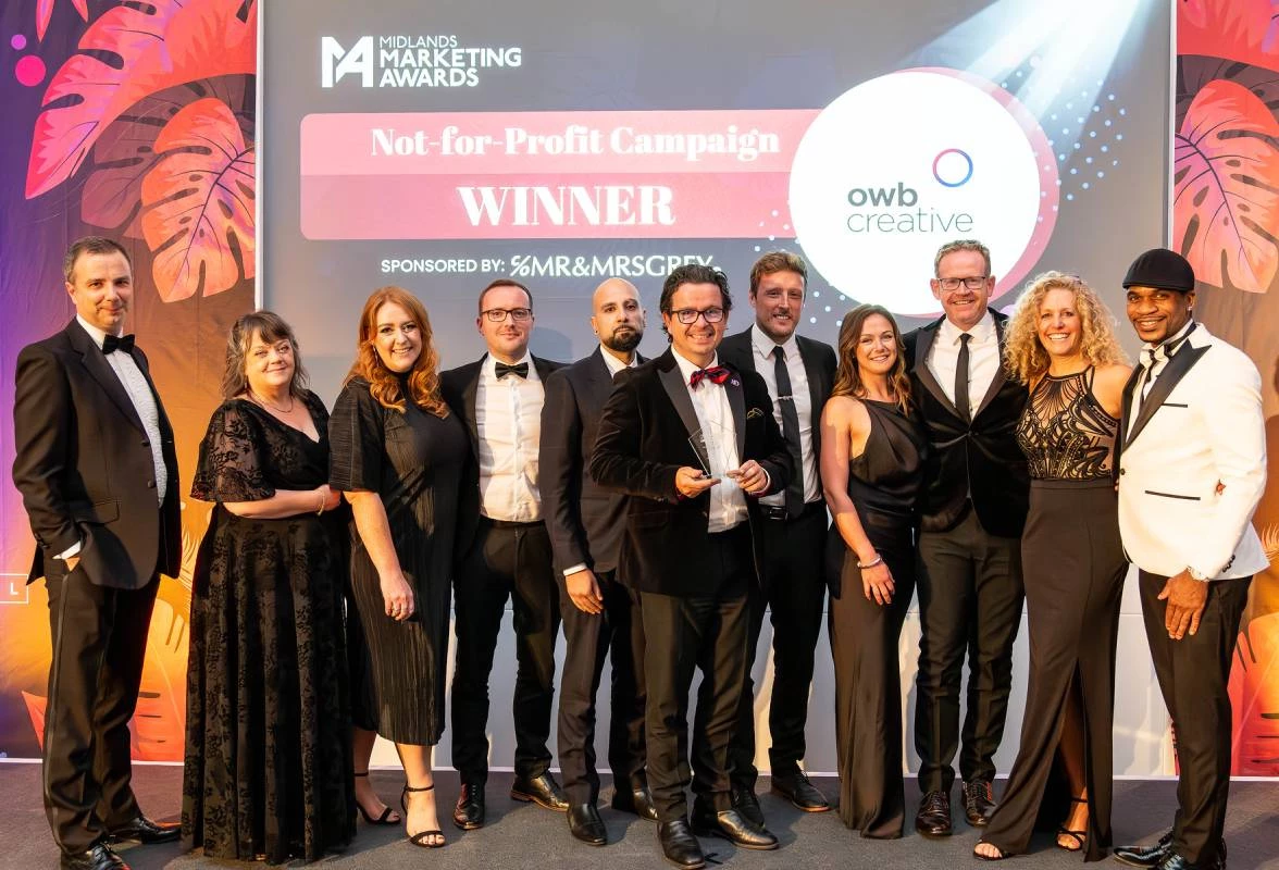 The OWB Creative team collect the Not for Profit Midlands Marketing Award