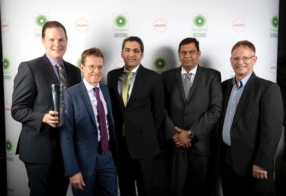 From left: Winning team member Carl Buckeridge, Mayor of the West Midlands Andy Street CBE, Consul General of India in Birmingham Dr Aman Puri, Enzen Group CEO Kutty Prabakaran and winning team member William Smith. 