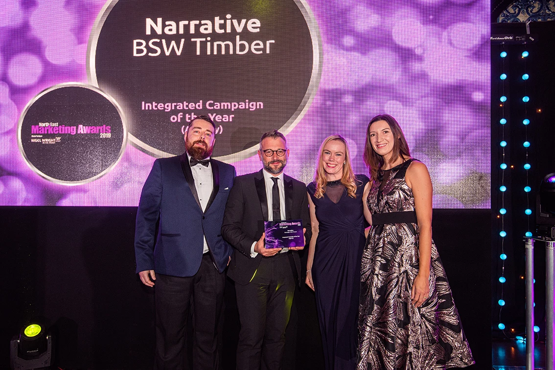 L-R Ross Palmer, Kieron Goldsborough and Kristy Harmer of Narrative receiving one of their three awards at NEMA 2019.
