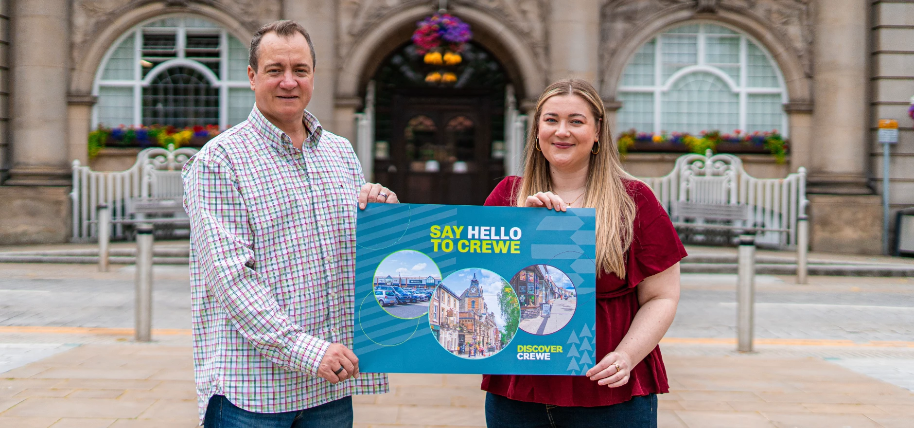 Graham Saunders, Chair of Crewe BID and Director of South Cheshire Glass, with fellow BID Board Member Rowenna Buckley from Hibberts Solicitors, one of the many businesses backing the BID