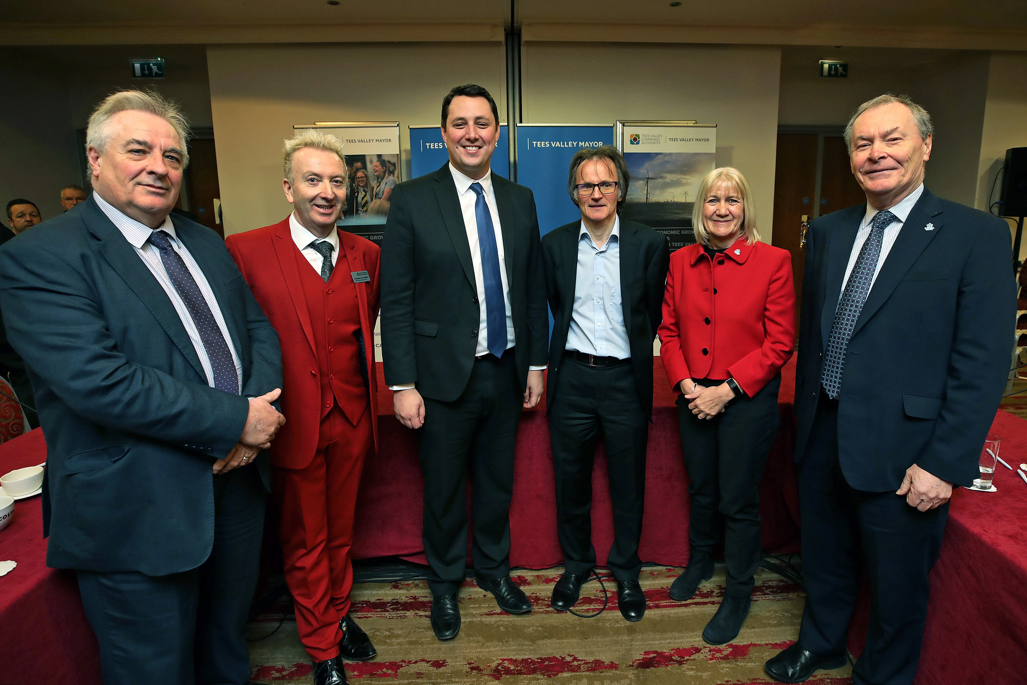 Tees Valley Mayor Ben Houchen (centre left) with the five Local Authority Leaders (L-R), Cllr Bob Cook, Cllr Christopher Akers-Belcher, Cllr Stephen Harker, Cllr Sue Jeffrey and Mayor Dave Budd