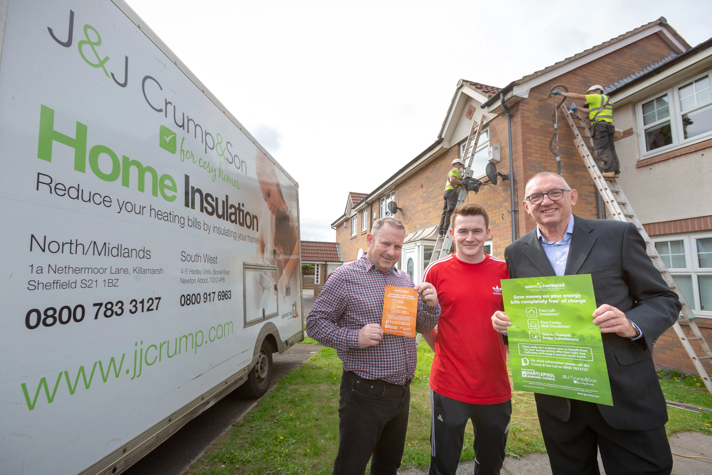 Matt Bramhall, Supervisor J&J Crump & Son; Householder Adam Rothwell and Councillor Jim Lindridge