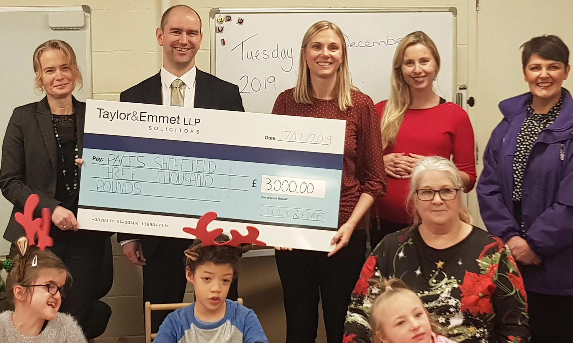 Paces headteacher, Ruth Liu (centre) and external relations officer, Vikki Mallinder (far right) accept Taylor&Emmet's donation from (left to right) Lucy Rodgers, Paul Fouad and Corrina Lincoln. 