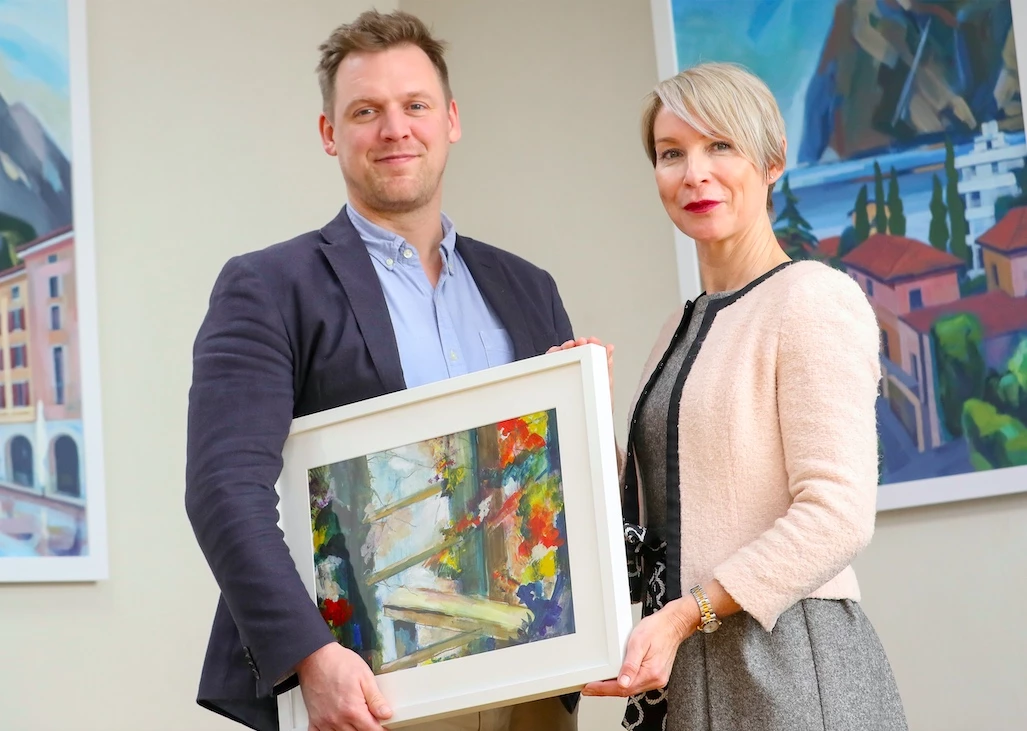 Liam Evans-Ford (left) from Theatr Clwyd with Helen Watson from Aaron & Partners