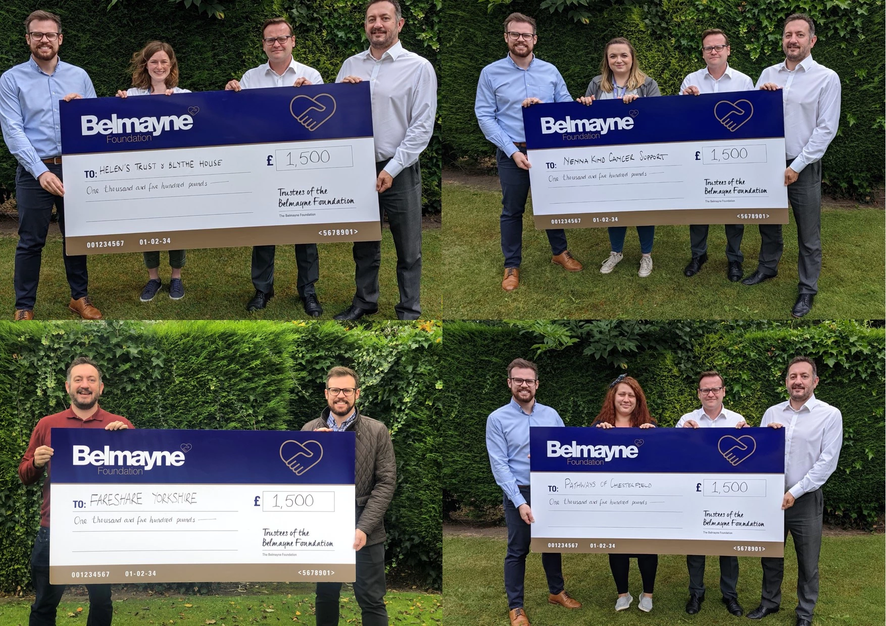 Belmayne's partners hand over cheques to the firm's four nominated charties. 