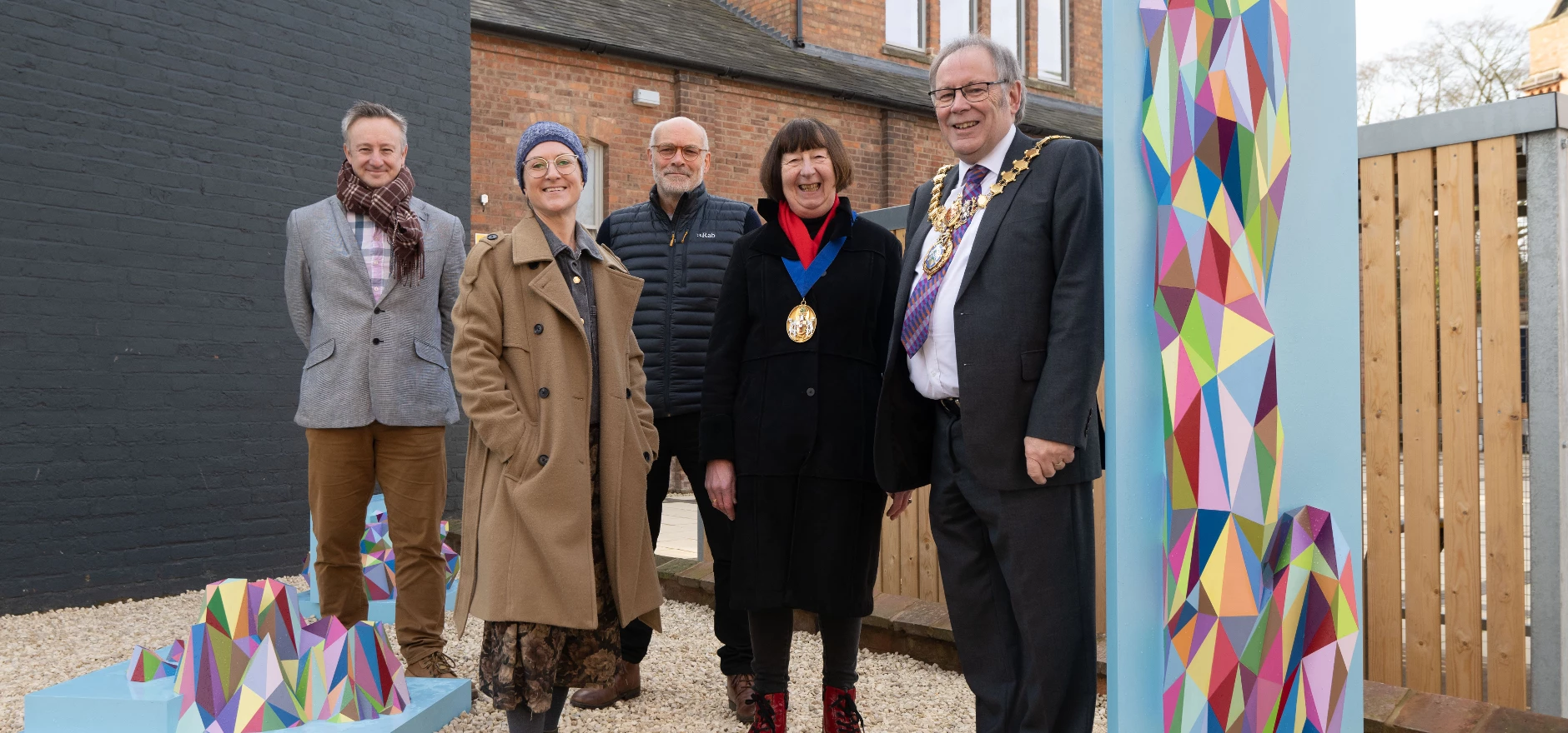 From the left, James Brookes (Complex Development Projects), Lucy Tomlins (Pangaea Sculptors' Centre), Cllr Chris King (Warwick District Council), Cllr Sidney Syson (Warwick District Council) and Mayor of Leamington Spa Cllr Alan Boad