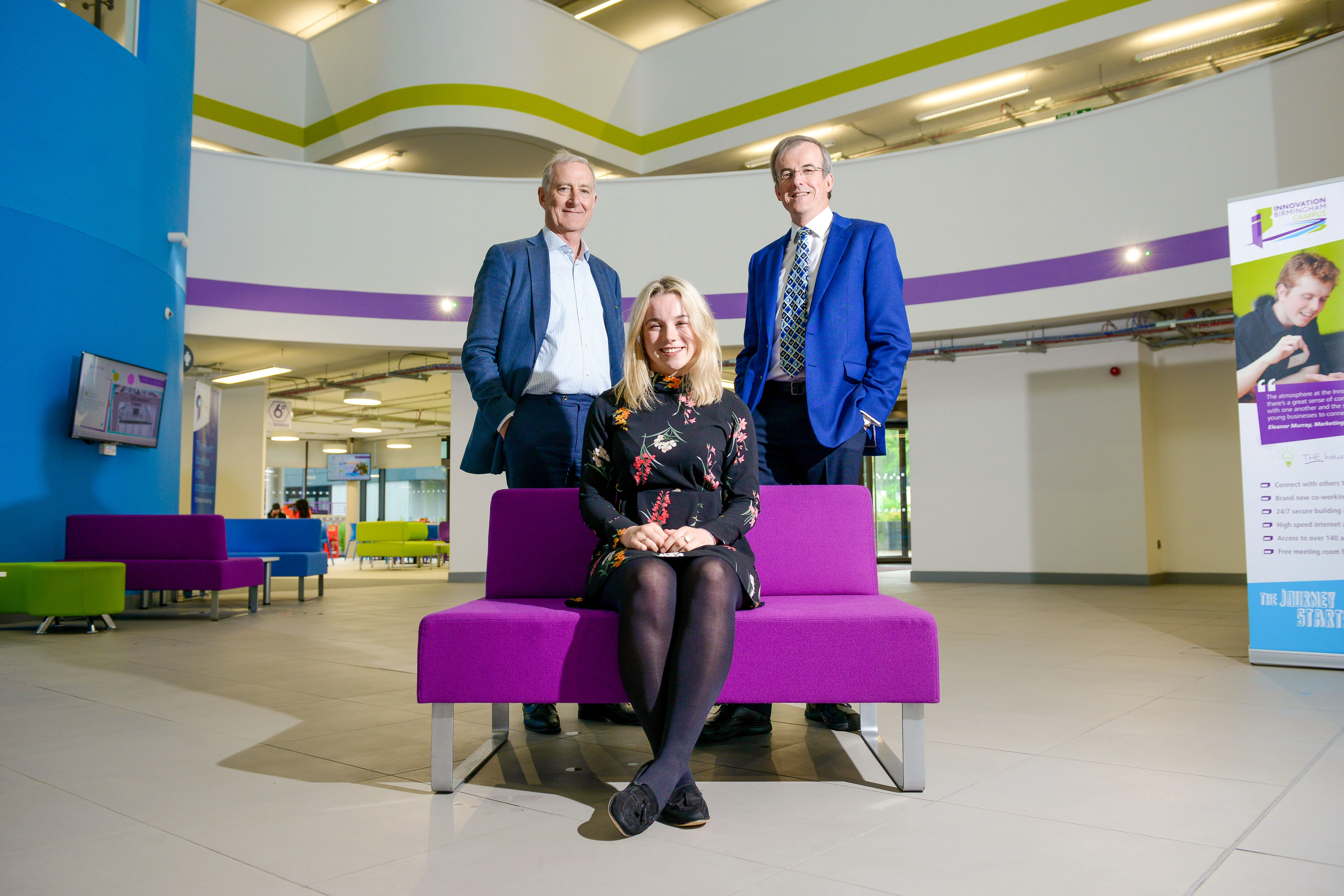 PEG launch. John Mortimer (Angela Mortimer) Dr David Hardman (CEO of Innovation Birmingham) and Daisy Wattam (Katie Bard) ahead of the launch at the iCentrum building