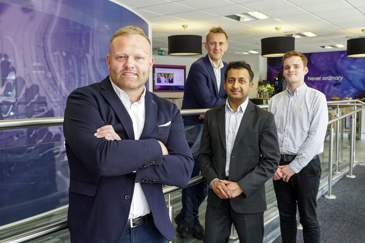 Picture shows (L to R): Chris Powell of Savoy Timber Holdings, (back) Gavin Lamb of Azets, and (front) Hitesh Tailor and Luke Mansfield of Clarion