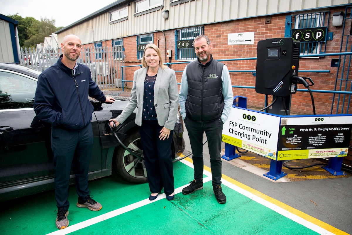 Councillor Carolyn Healy joins FSP’s managing director Wayne Carter (left) and chairman, Richard Hilton for the official unveiling of the new EV charging points available for the local community.