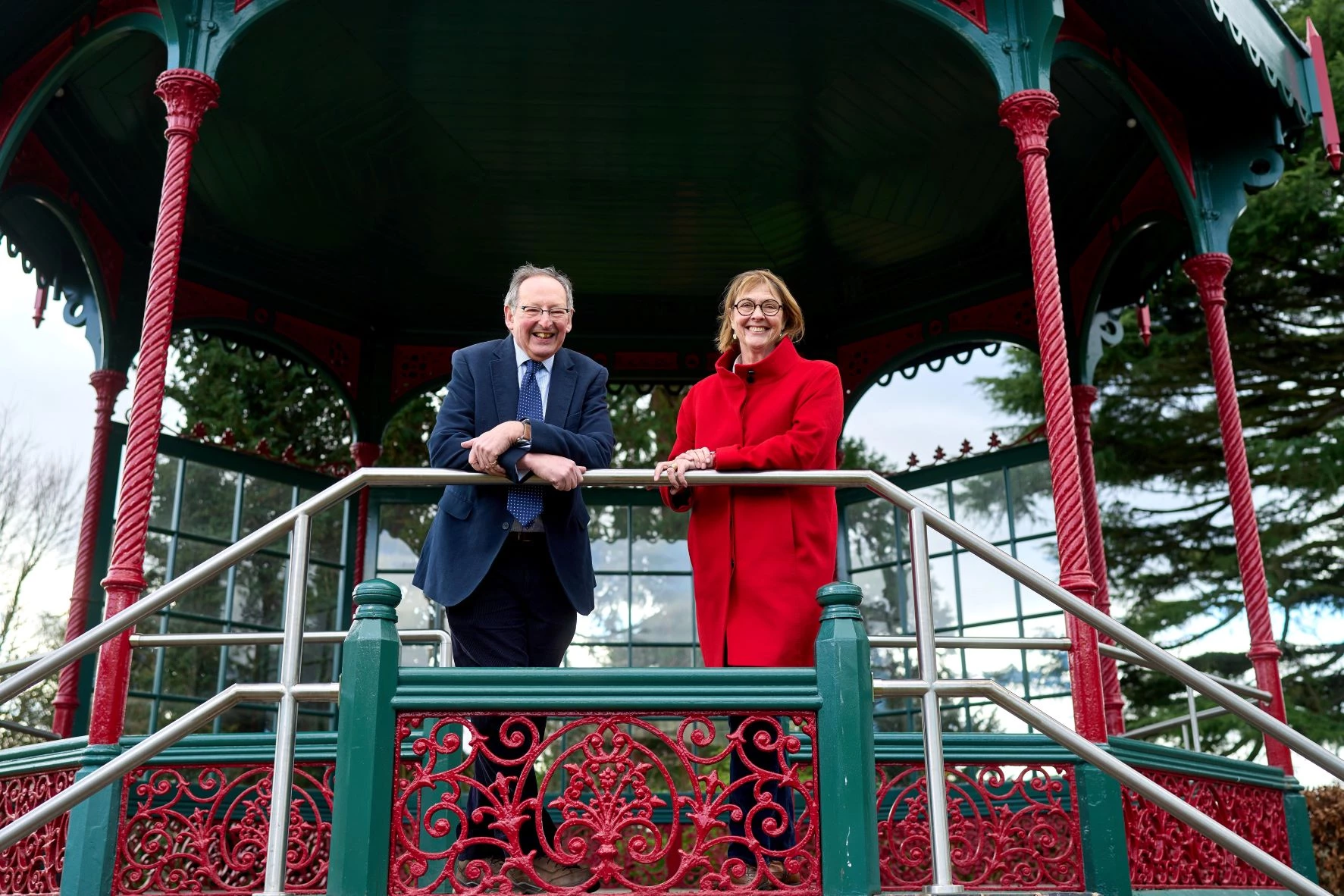 Sue Beardsmore, incoming chair of Trustees at Birmingham Botanical Gardens, with Martyn Liberson, outgoing chair, at the newly restored bandstand